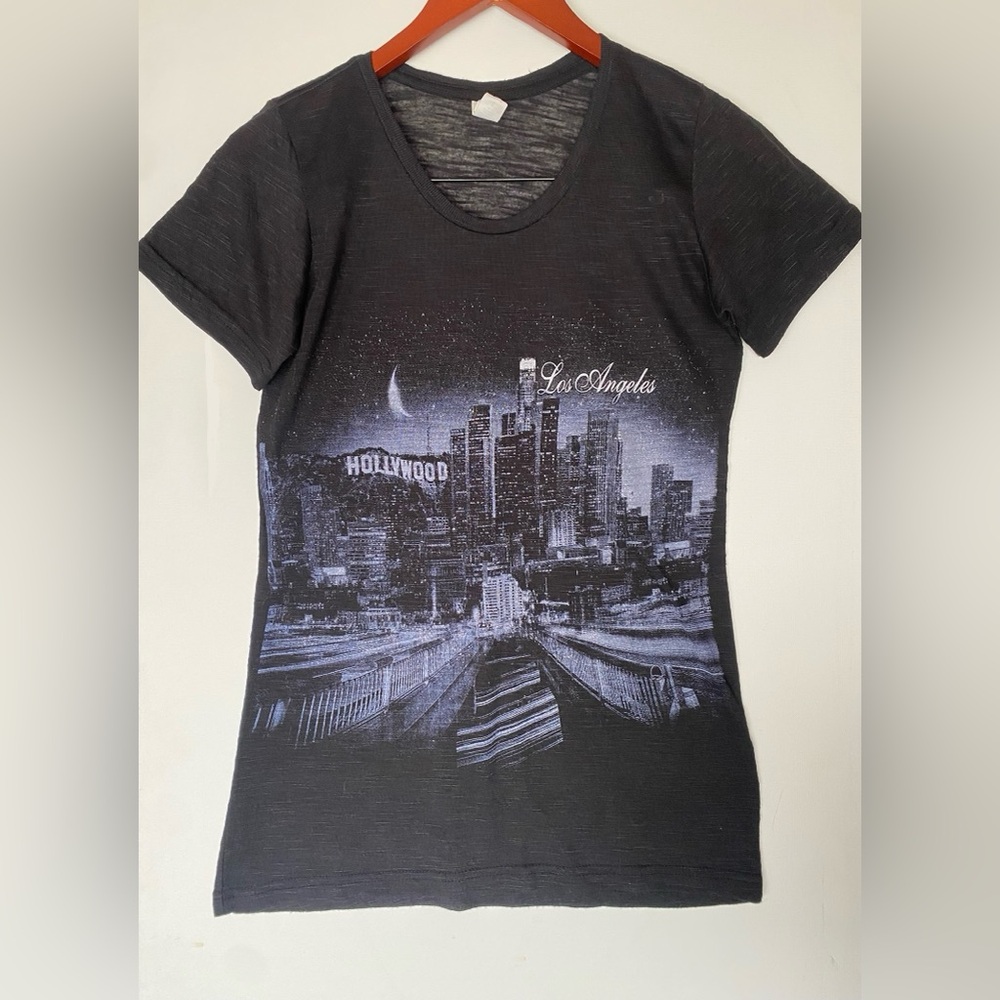 See Level - Black LA View Sheer Graphic Glitter Tee Short Sleeve - Size Large
